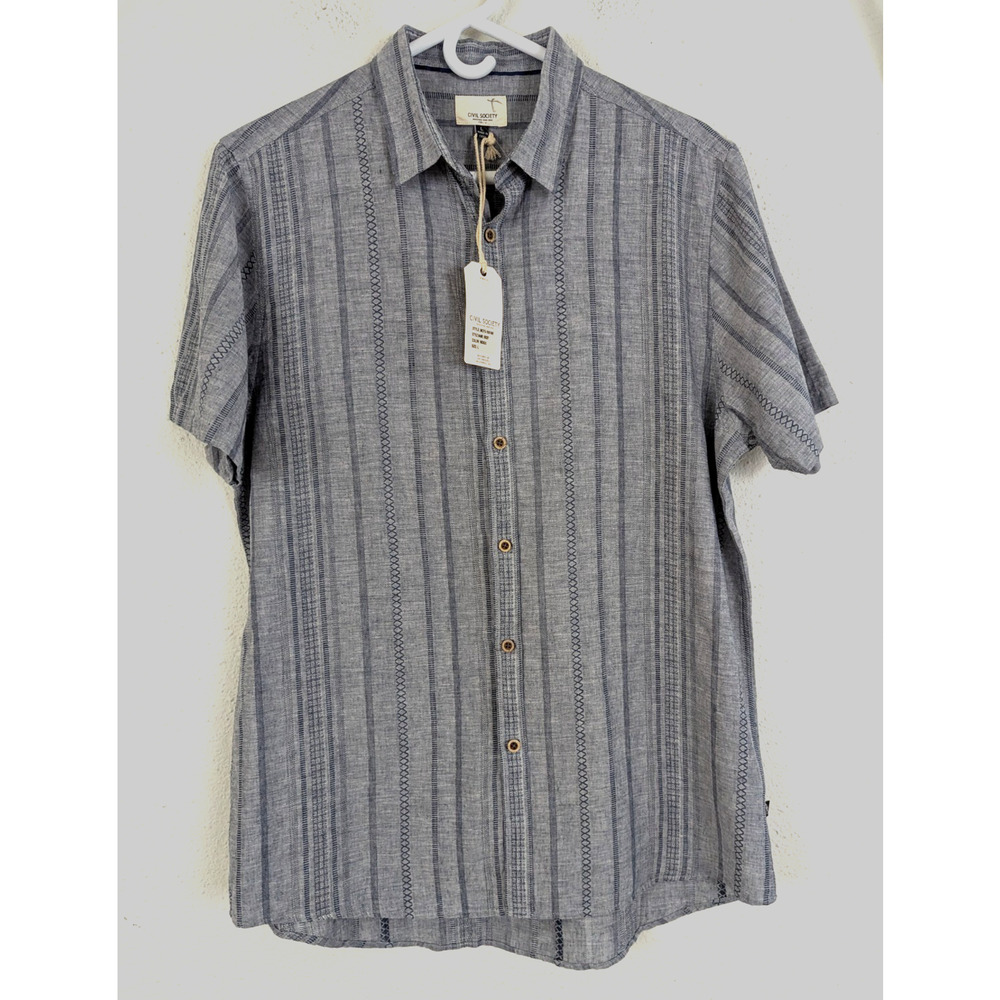 New Civil Society sz L Shirt blue gray stripes linen blend short sleeves 0552